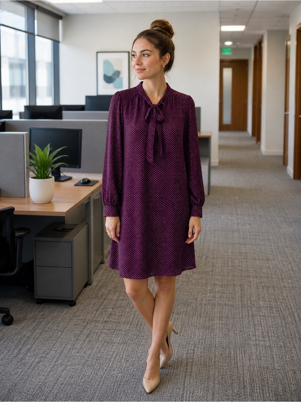82. Canvas by Lands' End Plum Tie-Neck Long Sleeve Shift Dress